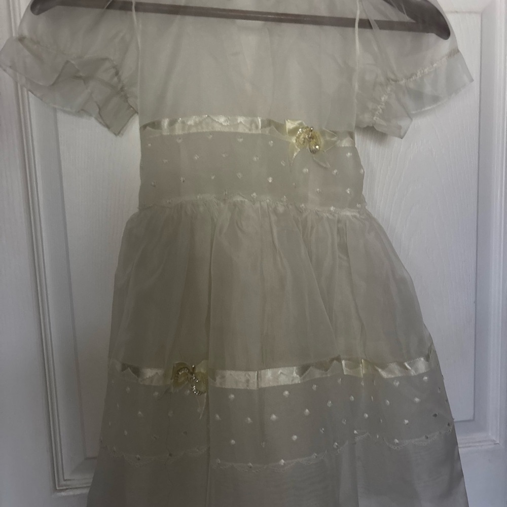 VTG old stock Voile Fancy dress little girl 6A sheer white bow ribbon buttons